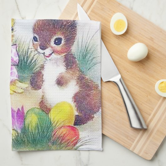 かわいいレトロのヴィンテージのイースターのウサギのひよこの休日 キッチンタオル (四つ折り)