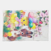 かわいいレトロのヴィンテージのイースターのウサギのひよこの休日 キッチンタオル (横)