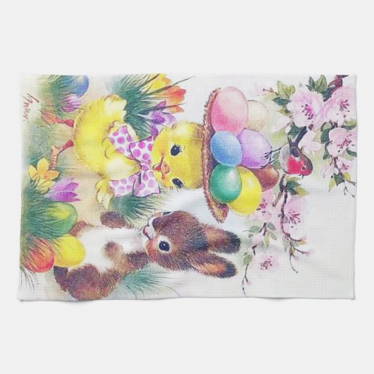 かわいいレトロのヴィンテージのイースターのウサギのひよこの休日 キッチンタオル (横)