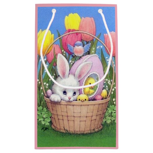 かわいいレトロのヴィンテージのイースターのウサギのパーティー スモールペーパーバッグ (裏面)