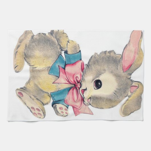 かわいいレトロのヴィンテージのイースターのウサギの休日 キッチンタオル (横)