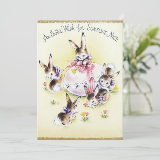 かわいいレトロのヴィンテージのイースターのウサギはメッセージを加えます シーズンカード (スタンド正面)