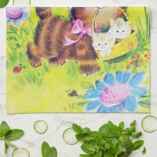 かわいいレトロのヴィンテージのイースター猫の休日 キッチンタオル (折り畳み)