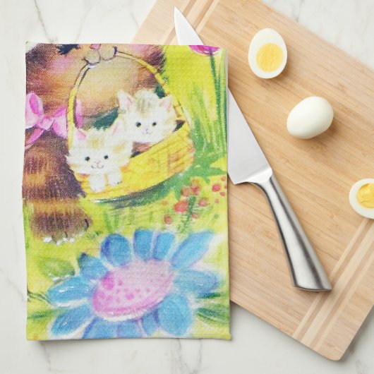かわいいレトロのヴィンテージのイースター猫の休日 キッチンタオル (四つ折り)