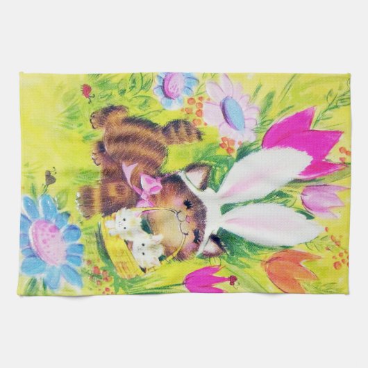 かわいいレトロのヴィンテージのイースター猫の休日 キッチンタオル (横)