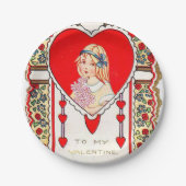かわいいレトロのヴィンテージのバレンタインの女の子のパーティー ペーパープレート (正面)