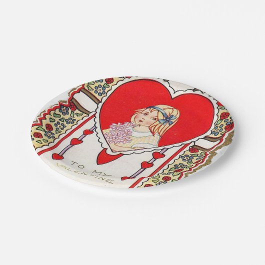 かわいいレトロのヴィンテージのバレンタインの女の子のパーティー ペーパープレート (アングル)