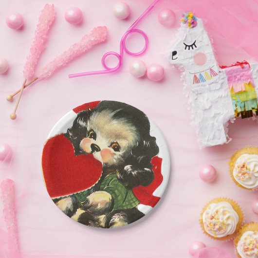 かわいいレトロのヴィンテージのバレンタインの子犬のパーティー ペーパープレート (パーティー)