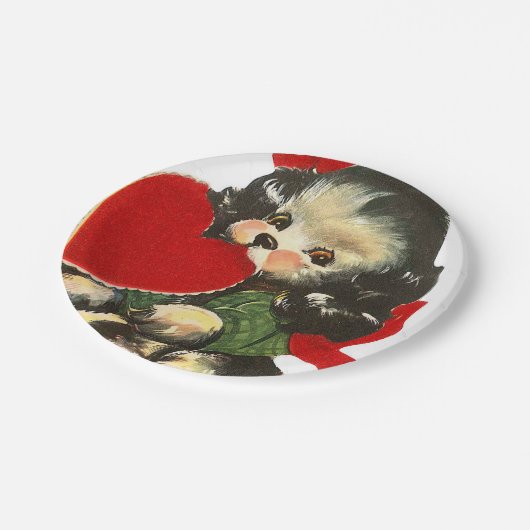 かわいいレトロのヴィンテージのバレンタインの子犬のパーティー ペーパープレート (アングル)