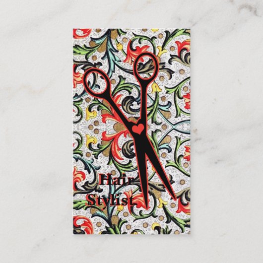 かわいいレトロのヴィンテージの花柄のはさみの美容師 名刺 (正面)