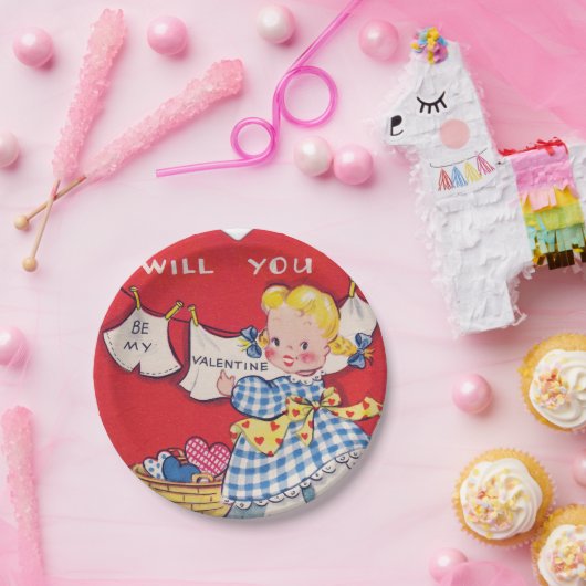かわいいレトロの女の子のバレンタインのパーティーのプレート ペーパープレート (パーティー)