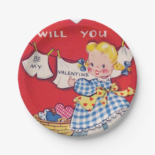 かわいいレトロの女の子のバレンタインのパーティーのプレート ペーパープレート (正面)