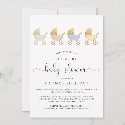 かわいいレトロの馬車が赤ちゃんシャワーでドライブをパレード 招待状 (正面)