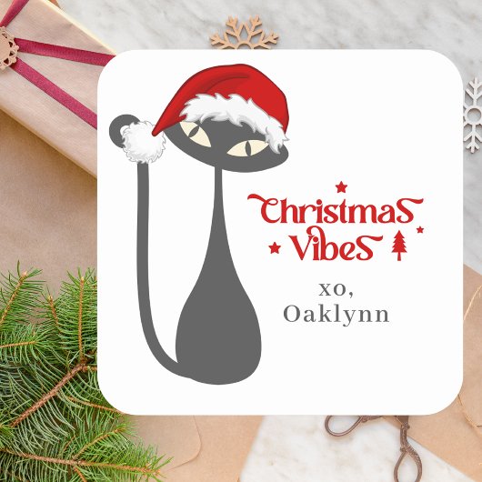 かわいいレトロアトミックブラックキャットクリスマス スクエアシール
