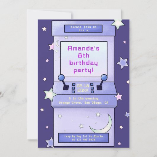 かわいいレトロアーケードゲーム子供の誕生日 招待状 (正面)