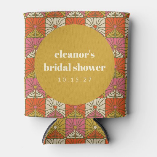 かわいいレトロオレンジ植物学的なウェディングシャワーのカスタム 缶クーラー (正面)