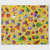 かわいいレトロカラフルオーナメントクリスマスイエロー ラッピングペーパー (フラット)