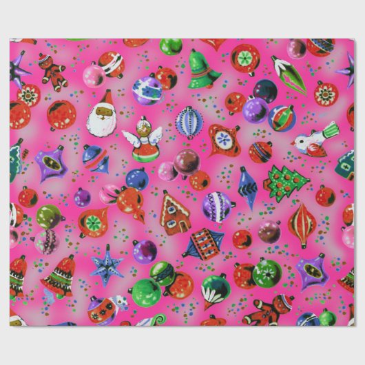 かわいいレトロカラフルオーナメントクリスマスピンク ラッピングペーパー (フラット)
