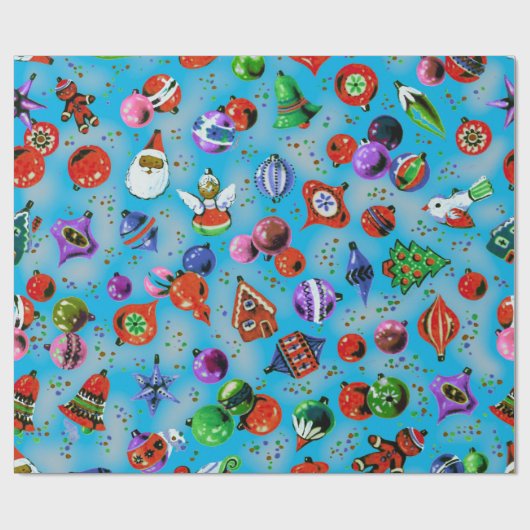 かわいいレトロカラフルオーナメントクリスマスブルー ラッピングペーパー (フラット)