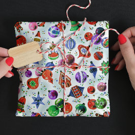 かわいいレトロカラフルオーナメントクリスマスホワイト ラッピングペーパー