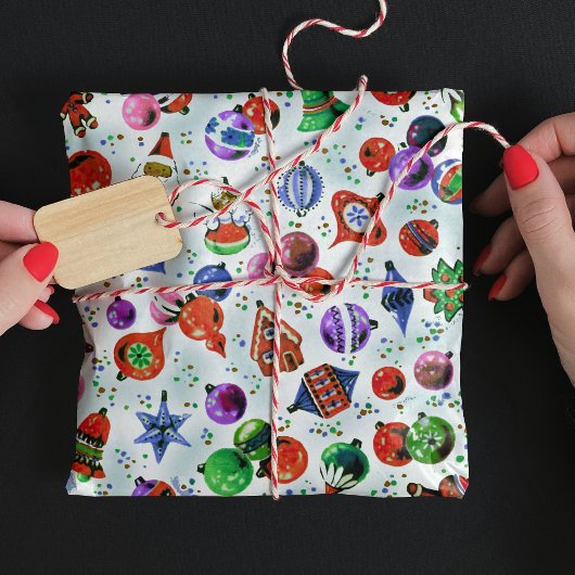 かわいいレトロカラフルオーナメントクリスマスホワイト ラッピングペーパー