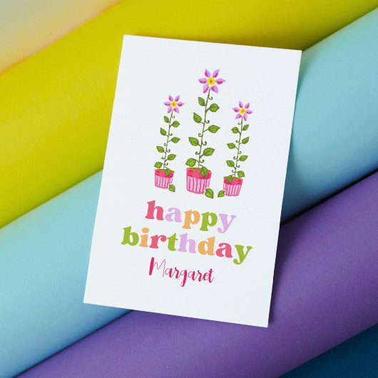 かわいいレトロカラフルフローラパーソナライズされた誕生日 カード