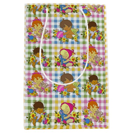 かわいいレトロカラフルプレイドベビーシャワー ミディアムペーパーバッグ (正面)