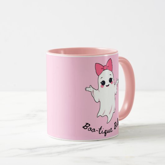 かわいいレトロガール幽霊とピンクヘアボウ マグカップ (正面右)