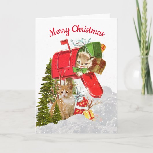 かわいいレトロクリスマスキャット/メールボックスホリデーカード サンキューカード (正面)