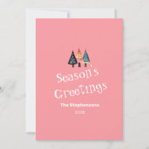 かわいいレトロクリスマスツリーズピンクフラットホリデーカード