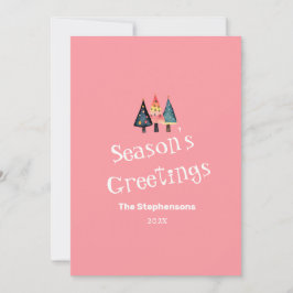 かわいいレトロクリスマスツリーズピンクフラットホリデーカード シーズンカード