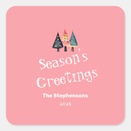 かわいいレトロクリスマスツリーピンクホリデイ スクエアシール