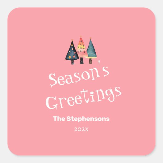 かわいいレトロクリスマスツリーピンクホリデイ スクエアシール (正面)