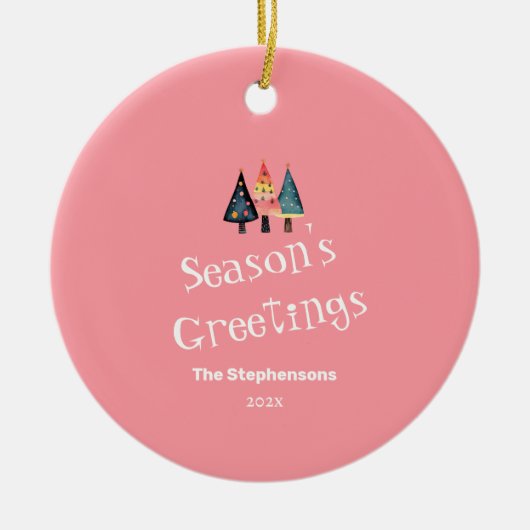 かわいいレトロクリスマスツリーピンクホリデイ セラミックオーナメント (正面)