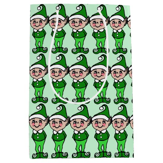 かわいいレトログリーンクリスマス小人小妖精や小人抱き枕 ミディアムペーパーバッグ (正面)