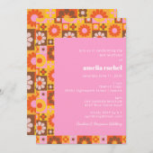 かわいいレトログルーヴィフローラピンクオレンジバルミツワー 招待状 (正面/裏面)