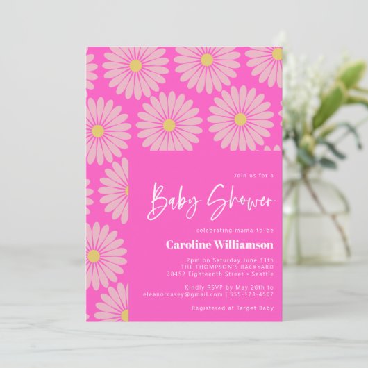 かわいいレトロスカンジナビア花ピンク赤ちゃんシャワー 招待状 (スタンド正面)