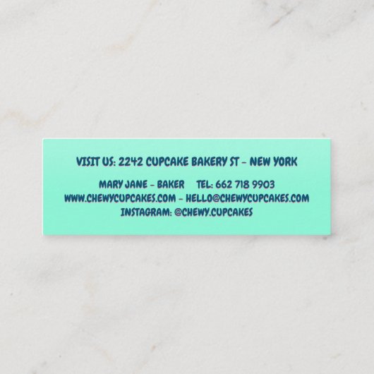 かわいいレトロタイポグラフィミントスイートベーカリーのカップケーキ スキニー名刺 (裏面)