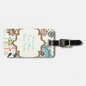 かわいいレトロターコイズブルーフローラルパターンモノグラム ラゲッジタグ (正面横)