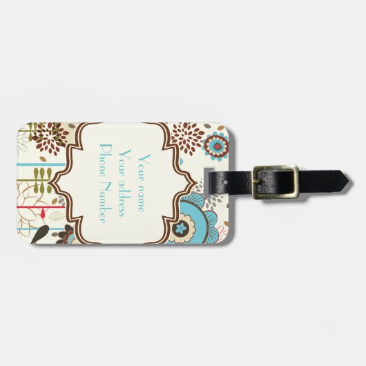 かわいいレトロターコイズブルーフローラルパターンモノグラム ラゲッジタグ (正面横)