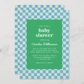 かわいいレトロチェッカーボードブルーグリーンベビーシャワー 招待状 (正面/裏面)