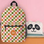 かわいいレトロチェッカーボードモノグラムピンクオレンジグリーン プリントバックパック<br><div class="desc">このおもしろいのスタイリッシュバックパックはカスタム、クリーム色の背景の上にピンク、オレンジ、オリーブ色のグリーンのレトロな色合いのチェッカーボードパターンを備えている。モノグラムのイニシャル文字テンプレートが含まれている – それを使用してバックパックをパーソナライズしたり、それを削除するもしと、円は、モノグラムを好まない。この可愛いカラフルバックパックは新学期に最適！*オリジナルのアートワークby Tracey Khalei / Orabellaプリント.</div>