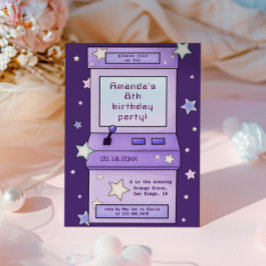 かわいいレトロパープルのアーケードゲームの子供の誕生日 招待状