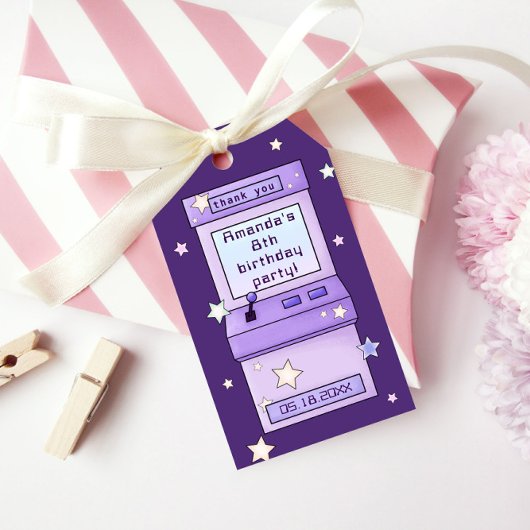 かわいいレトロパープルアーケードゲーム子供の誕生日 ギフトタグ