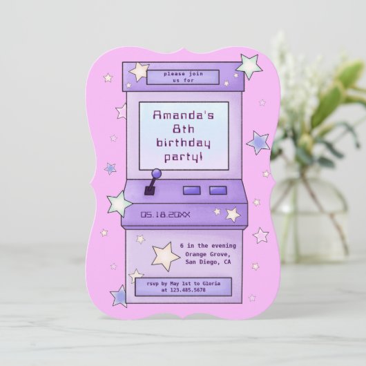 かわいいレトロパープルアーケードゲーム子供の誕生日 招待状 (スタンド正面)