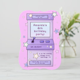 かわいいレトロパープルアーケードゲーム子供の誕生日 招待状