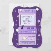 かわいいレトロパープルアーケードゲーム子供の誕生日 招待状 (正面)