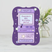 かわいいレトロパープルアーケードゲーム子供の誕生日 招待状 (スタンド正面)