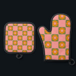 かわいいレトロヒッパイフラワーチェッカーボードピンクグリーン 鍋つかみ&鍋敷きセット<br><div class="desc">可愛いレトロヒッピー花チェッカーボードピンクと緑のオーブンミット&ポットホルダーセット</div>