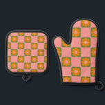 かわいいレトロヒッパイフラワーチェッカーボードピンクグリーン 鍋つかみ&鍋敷きセット<br><div class="desc">可愛いレトロヒッピー花チェッカーボードピンクと緑のオーブンミット&ポットホルダーセット</div>